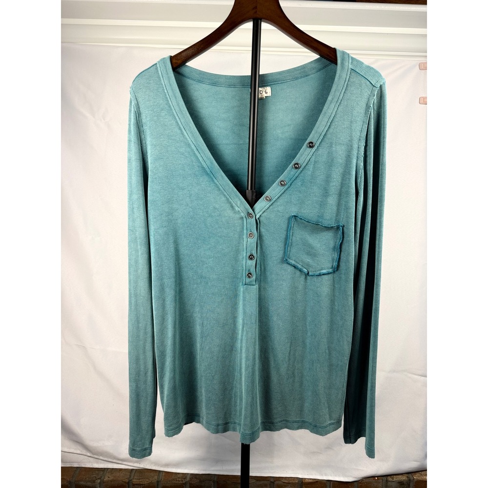POL Women L Teal Ribbed Henley Long Sleeve Top Grungy Boho Indie Sleeze Granola